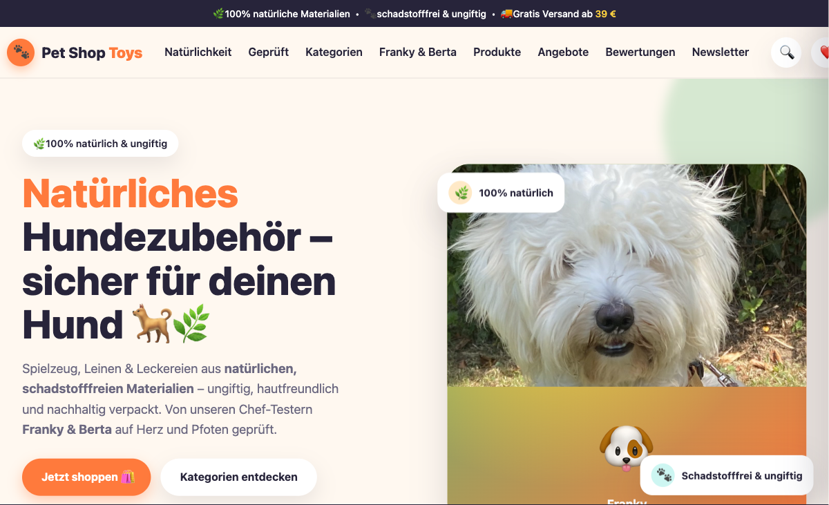 Screenshot des Pet Shop Toys Shops — Startseite mit Branding und Navigation